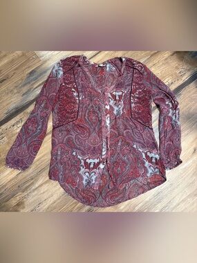 Lucky Brand Burgundy Paisley V-Neck Long Sleeve Blouse